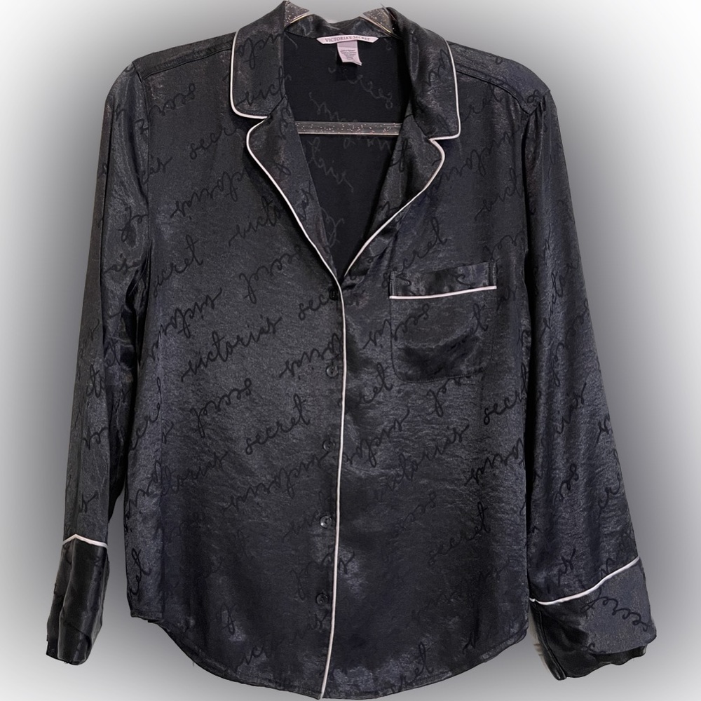 Victoria's Secret Pajama Top Black with Pink Trim - Size Small